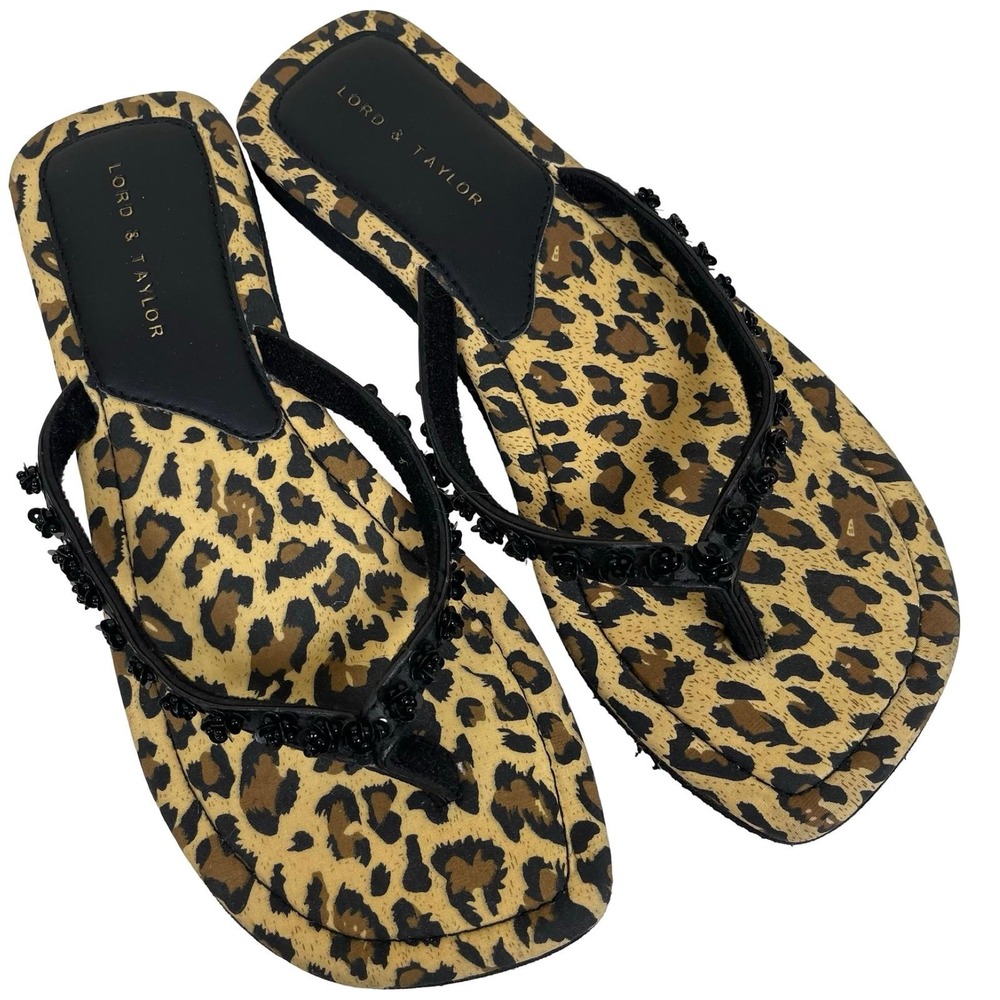 Vintage Lord & Taylor Leopard Print Floral Beaded Flip Flops Women 6 Black Y2K